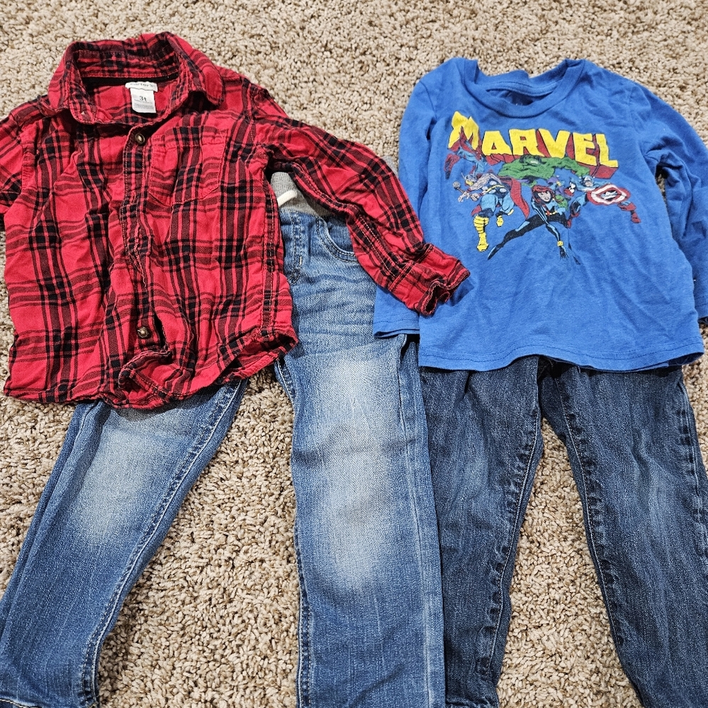 Marvel Blue Superhero Tee with Red Plaid Shirt and Jeans